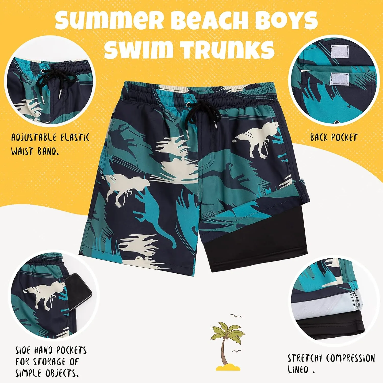 Boys Swim Trunks Bathing Suit Swim Shorts with Boxer Brief Liner Quick Dry Beach Swimsuit Compression