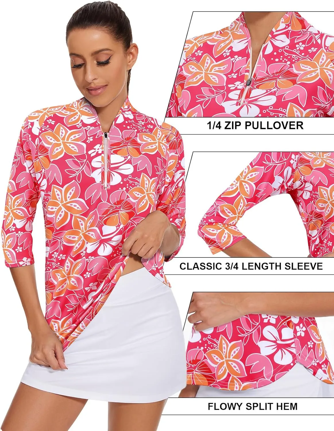 Cucuchy Womens Golf Shirt Quick Dry 3/4 Sleeve Quarter Zip Polo Workout Tops Tennis Shirts S-XXL