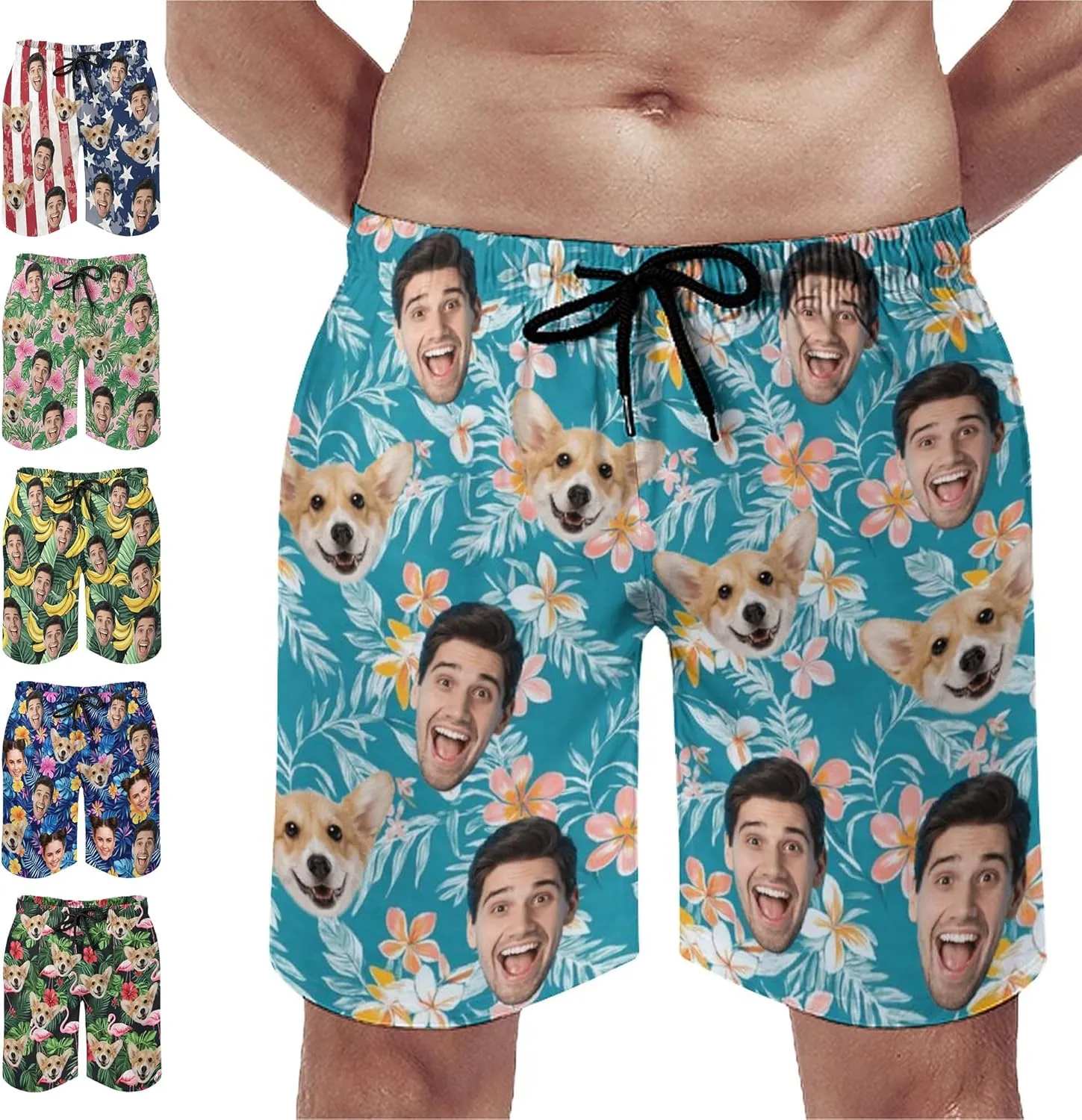 Custom Mens Swim Trunks Personalized Swim Shorts with Face Tropical Quick Dry Swim Suits Beach Board Shorts Bathing Suit