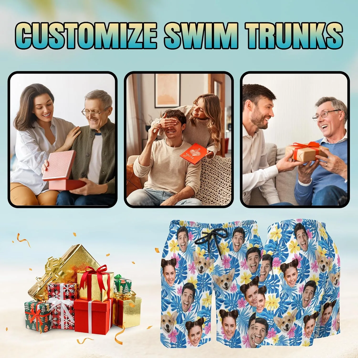 Custom Mens Swim Trunks Personalized Swim Shorts with Face Tropical Quick Dry Swim Suits Beach Board Shorts Bathing Suit