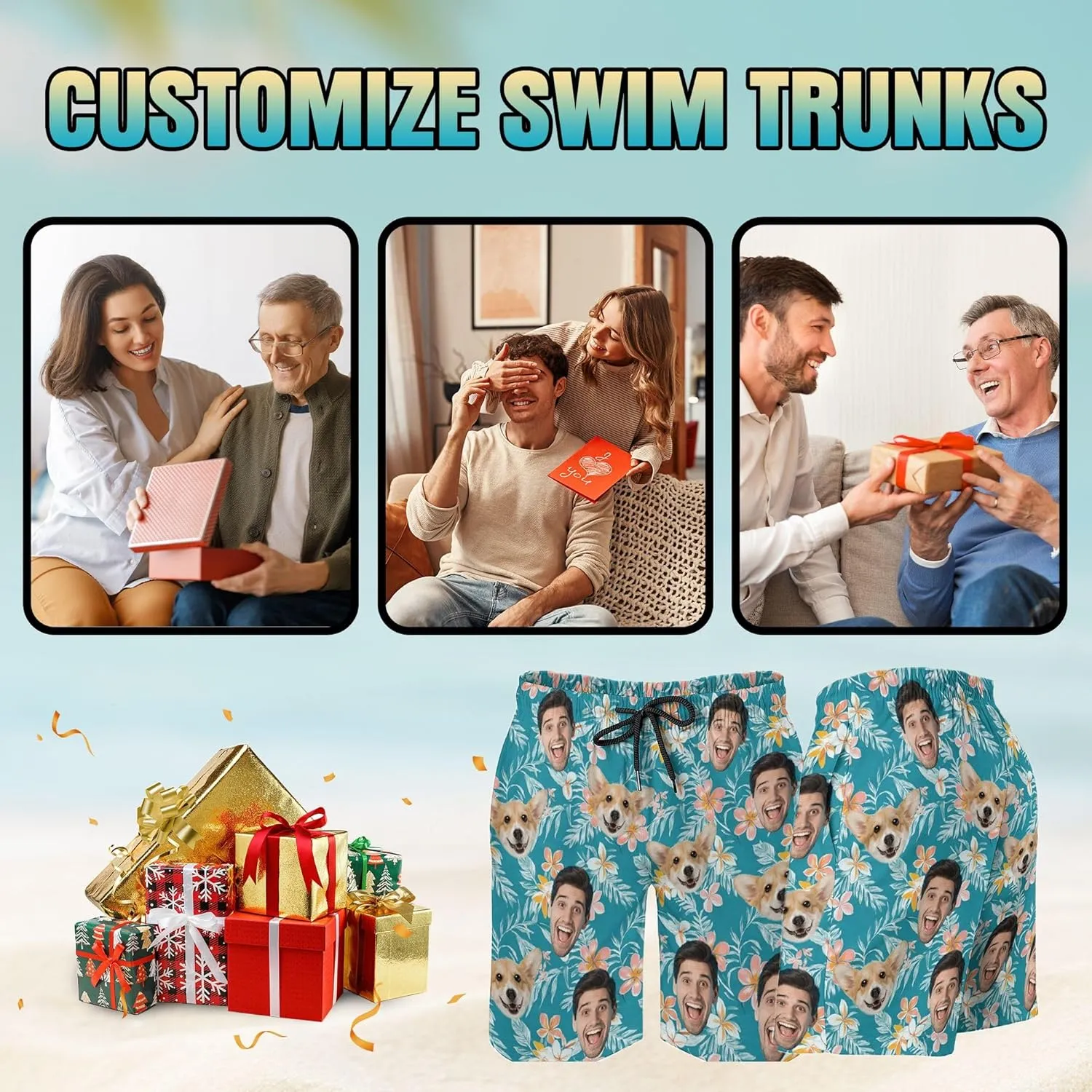 Custom Mens Swim Trunks Personalized Swim Shorts with Face Tropical Quick Dry Swim Suits Beach Board Shorts Bathing Suit