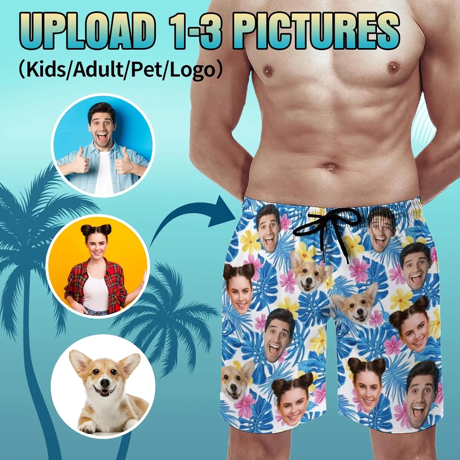 Custom Mens Swim Trunks Personalized Swim Shorts with Face Tropical Quick Dry Swim Suits Beach Board Shorts Bathing Suit
