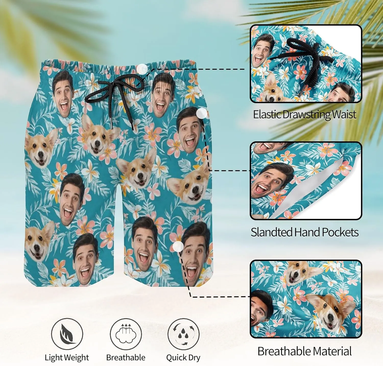 Custom Mens Swim Trunks Personalized Swim Shorts with Face Tropical Quick Dry Swim Suits Beach Board Shorts Bathing Suit