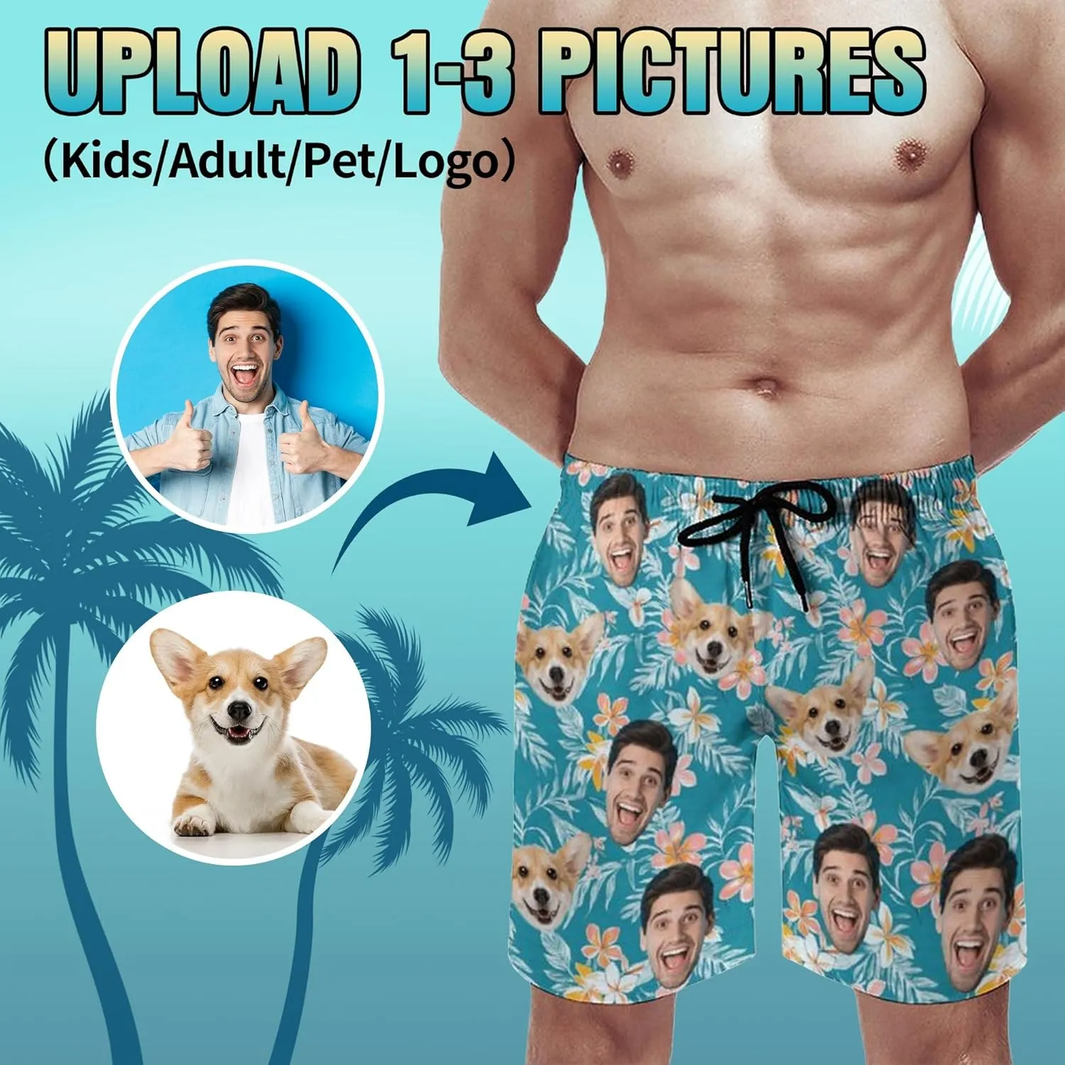 Custom Mens Swim Trunks Personalized Swim Shorts with Face Tropical Quick Dry Swim Suits Beach Board Shorts Bathing Suit