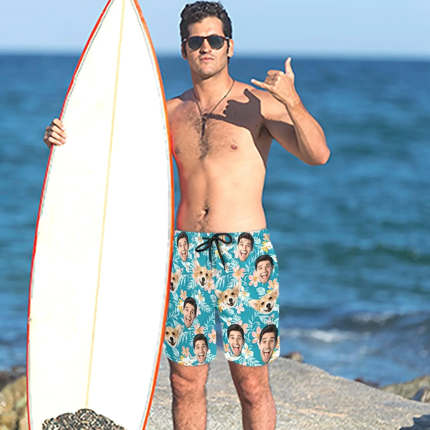 Custom Mens Swim Trunks Personalized Swim Shorts with Face Tropical Quick Dry Swim Suits Beach Board Shorts Bathing Suit