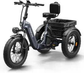 Electric Trike for Adult with 750W Motor, 48V 18AH Cells Battery, Pickup Class 500 LB Load Electric Tricycle with 20" Fat Tire and Large Basket, 60 Miles Range, for City and Mountain Road