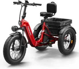 Electric Trike for Adult with 750W Motor, 48V 18AH Cells Battery, Pickup Class 500 LB Load Electric Tricycle with 20" Fat Tire and Large Basket, 60 Miles Range, for City and Mountain Road