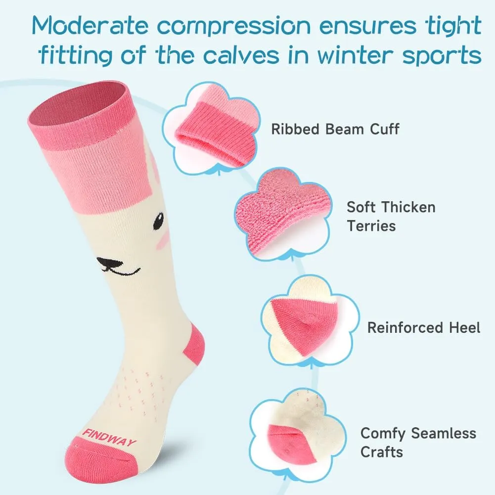findway Kids Ski Socks, 2 Pairs Knee-high Warm Thermal Winter Snowboard Socks for Girls Boys Toddler