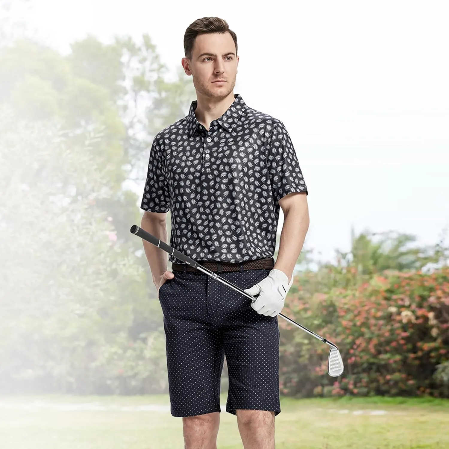 Mens Golf Shirt Moisture Wicking Dry Fit Print Performance Short Sleeve Polo Shirts for Men