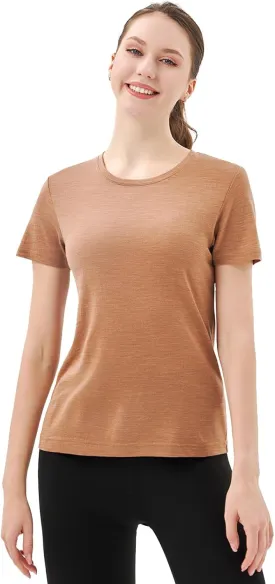 Merino Protect 100% Merino Wool T Shirts Women Crew Neck Tops Short Sleeve Odor Resistance Base Layer Travel Hiking Tee Shirt