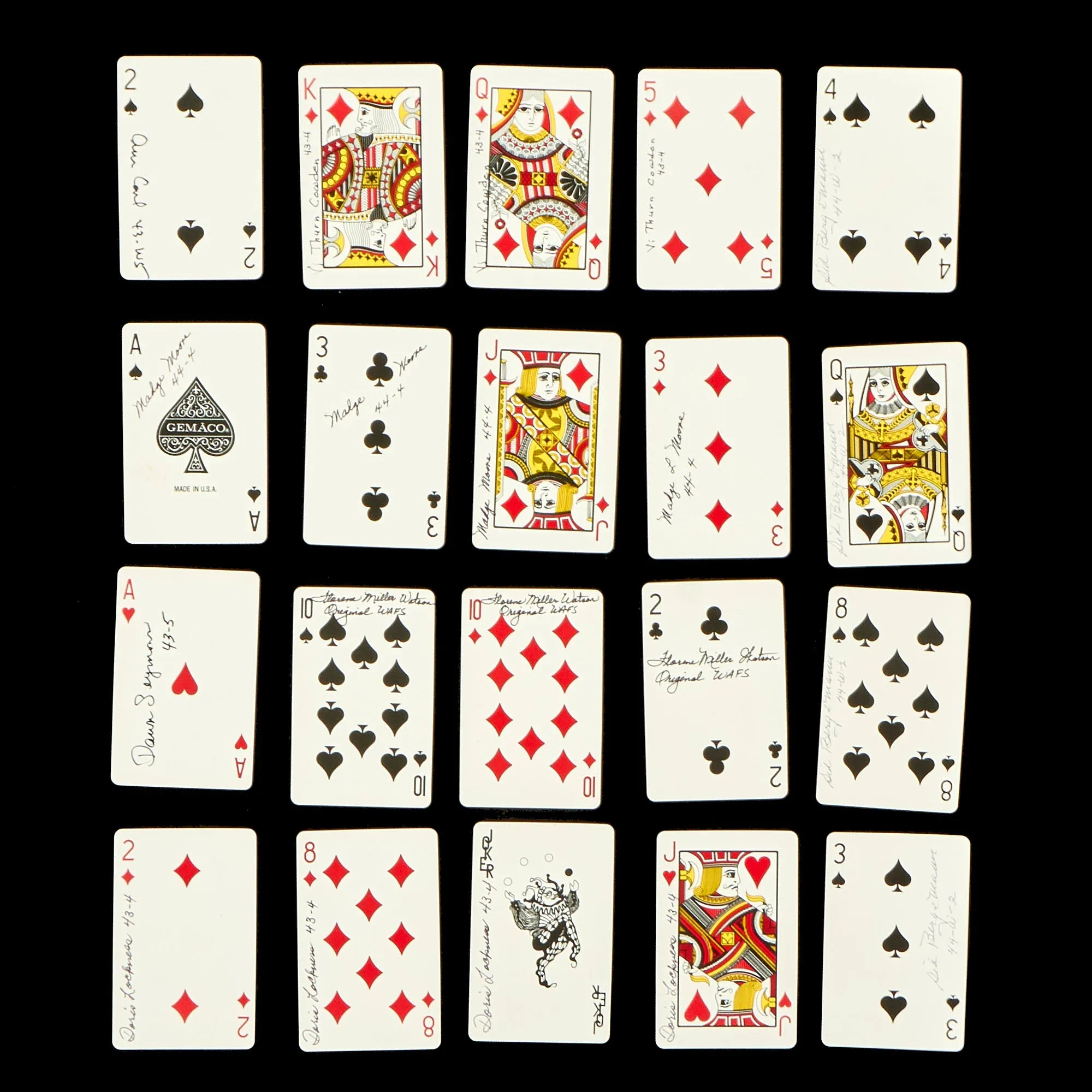 Original U.S. WWII Women Air Force Service Pilots Signed Playing Cards - 20 Cards, 7 Pilots - WASP