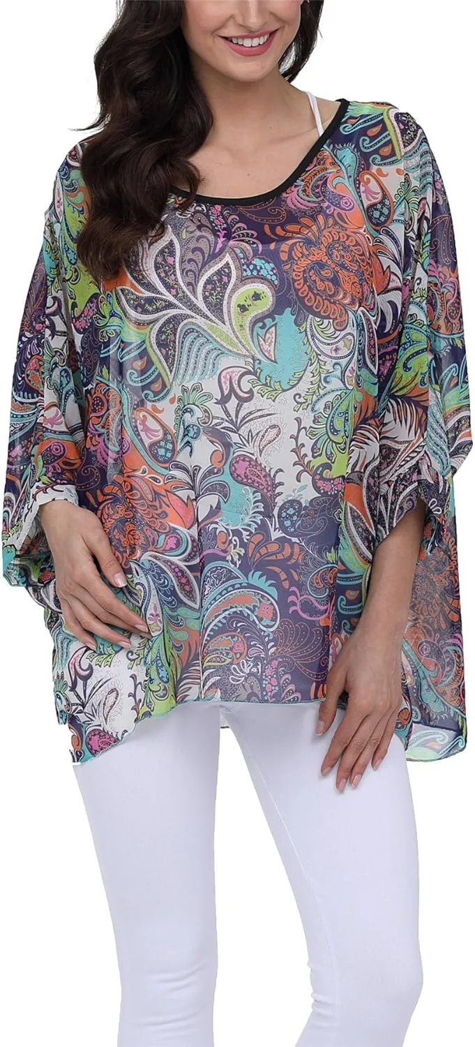 Plus Size Floral Chiffon Batwing Sleeve Tunic Blouse Boho Off-Shoulder Beach Cover Up Loose Summer Tops for Women