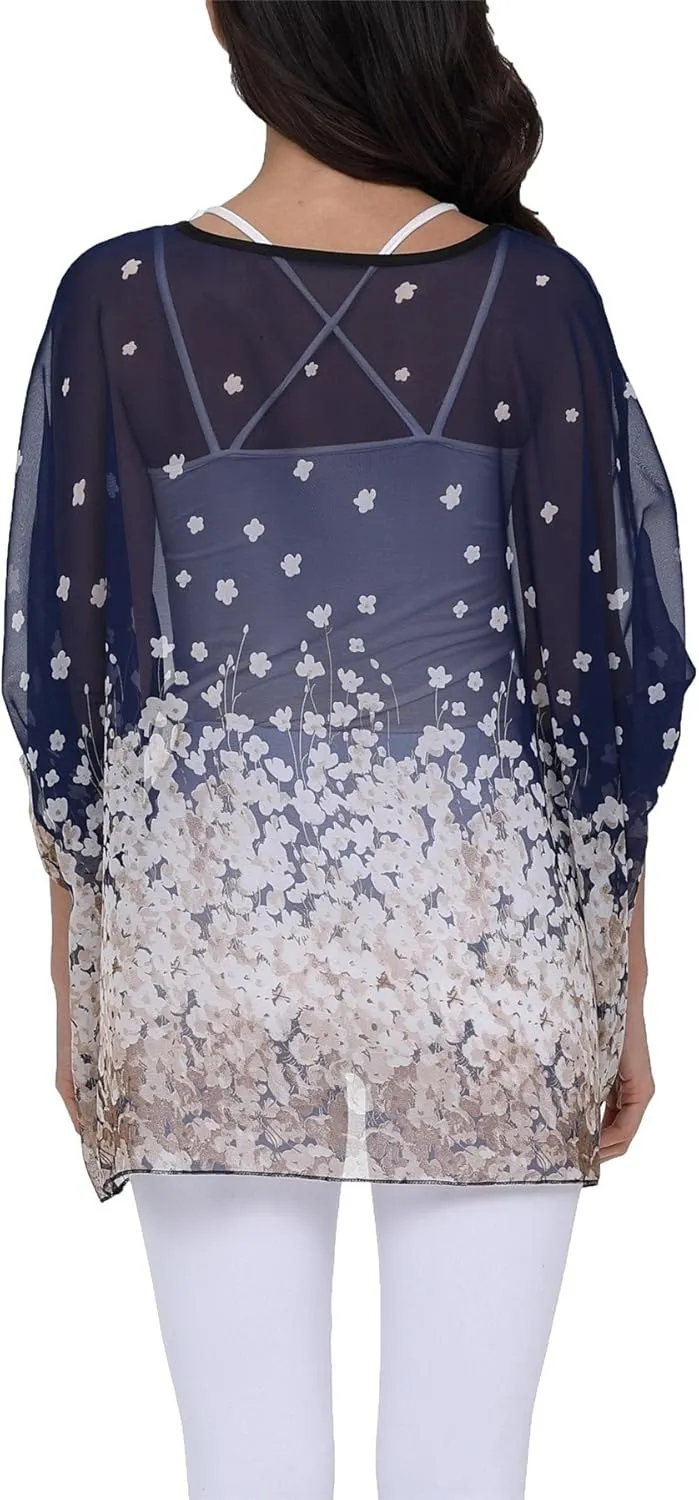 Plus Size Floral Chiffon Batwing Sleeve Tunic Blouse Boho Off-Shoulder Beach Cover Up Loose Summer Tops for Women