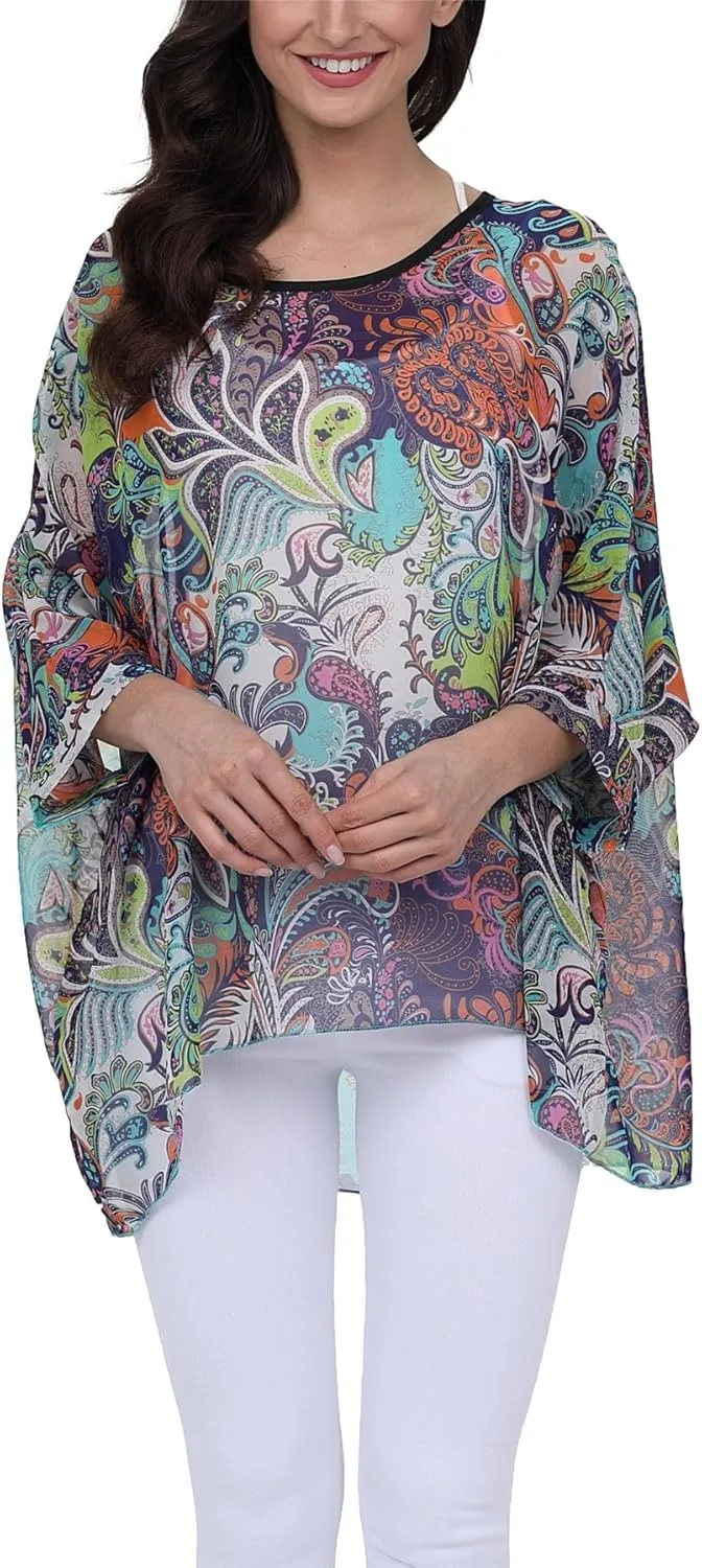 Plus Size Floral Chiffon Batwing Sleeve Tunic Blouse Boho Off-Shoulder Beach Cover Up Loose Summer Tops for Women