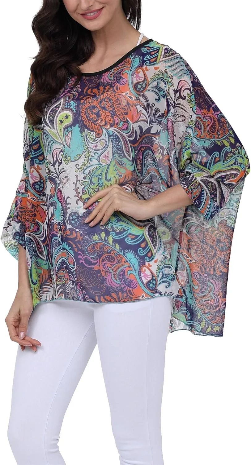 Plus Size Floral Chiffon Batwing Sleeve Tunic Blouse Boho Off-Shoulder Beach Cover Up Loose Summer Tops for Women