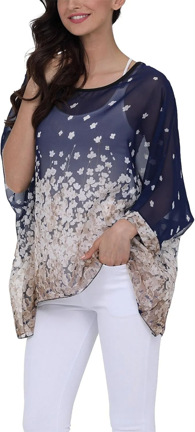 Plus Size Floral Chiffon Batwing Sleeve Tunic Blouse Boho Off-Shoulder Beach Cover Up Loose Summer Tops for Women