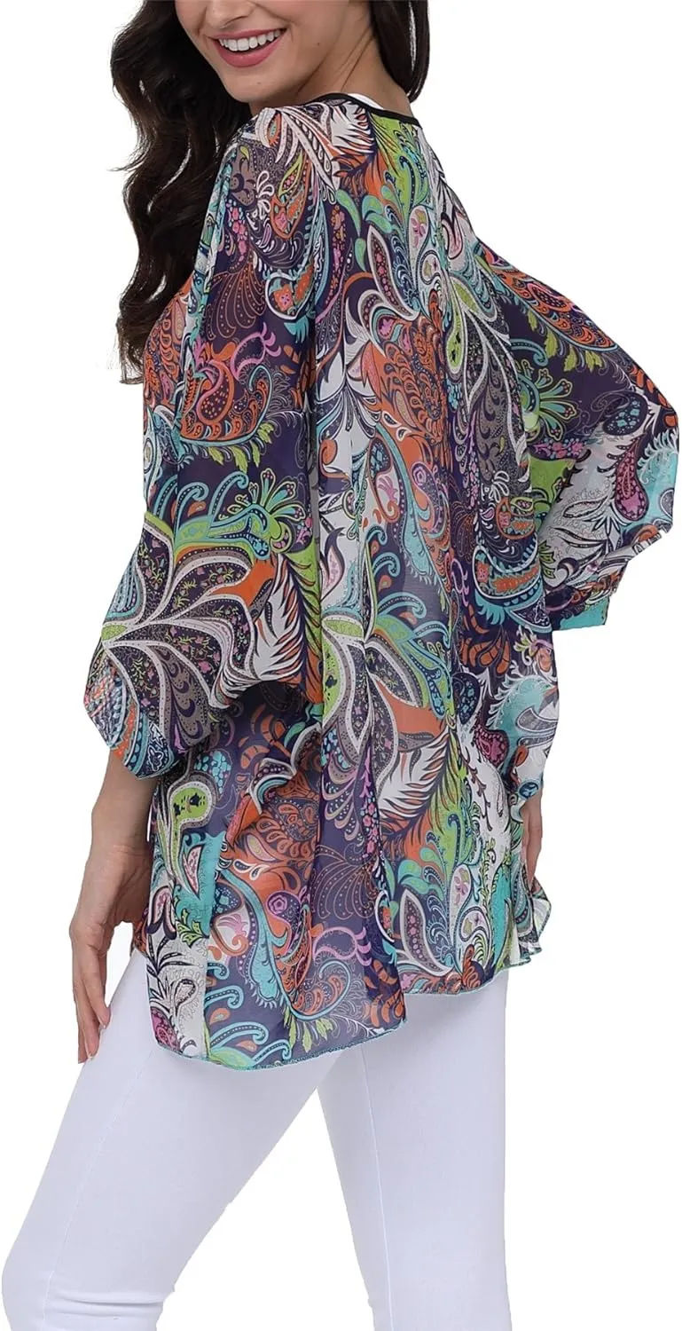Plus Size Floral Chiffon Batwing Sleeve Tunic Blouse Boho Off-Shoulder Beach Cover Up Loose Summer Tops for Women