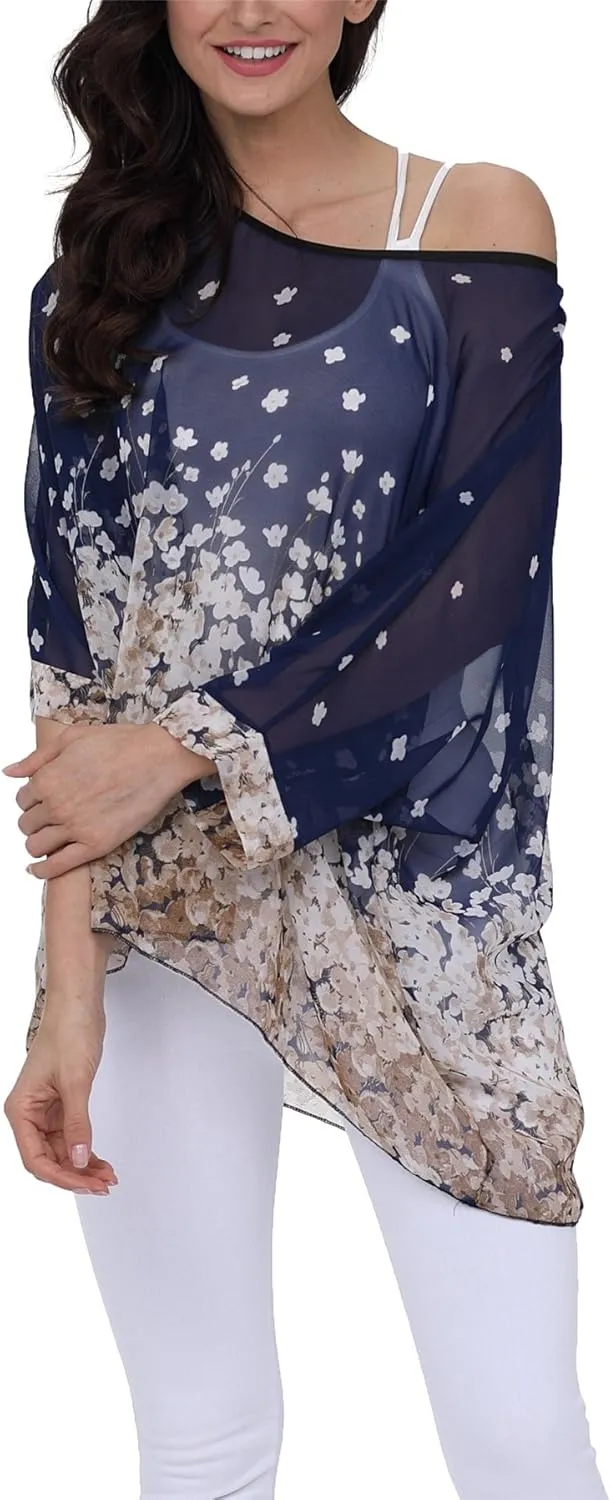 Plus Size Floral Chiffon Batwing Sleeve Tunic Blouse Boho Off-Shoulder Beach Cover Up Loose Summer Tops for Women