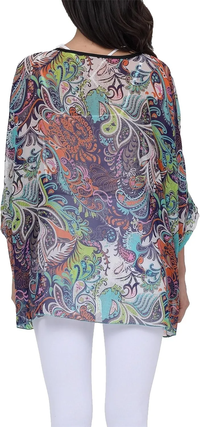 Plus Size Floral Chiffon Batwing Sleeve Tunic Blouse Boho Off-Shoulder Beach Cover Up Loose Summer Tops for Women