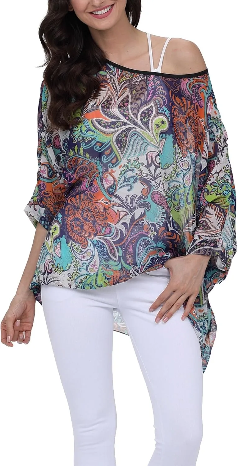 Plus Size Floral Chiffon Batwing Sleeve Tunic Blouse Boho Off-Shoulder Beach Cover Up Loose Summer Tops for Women
