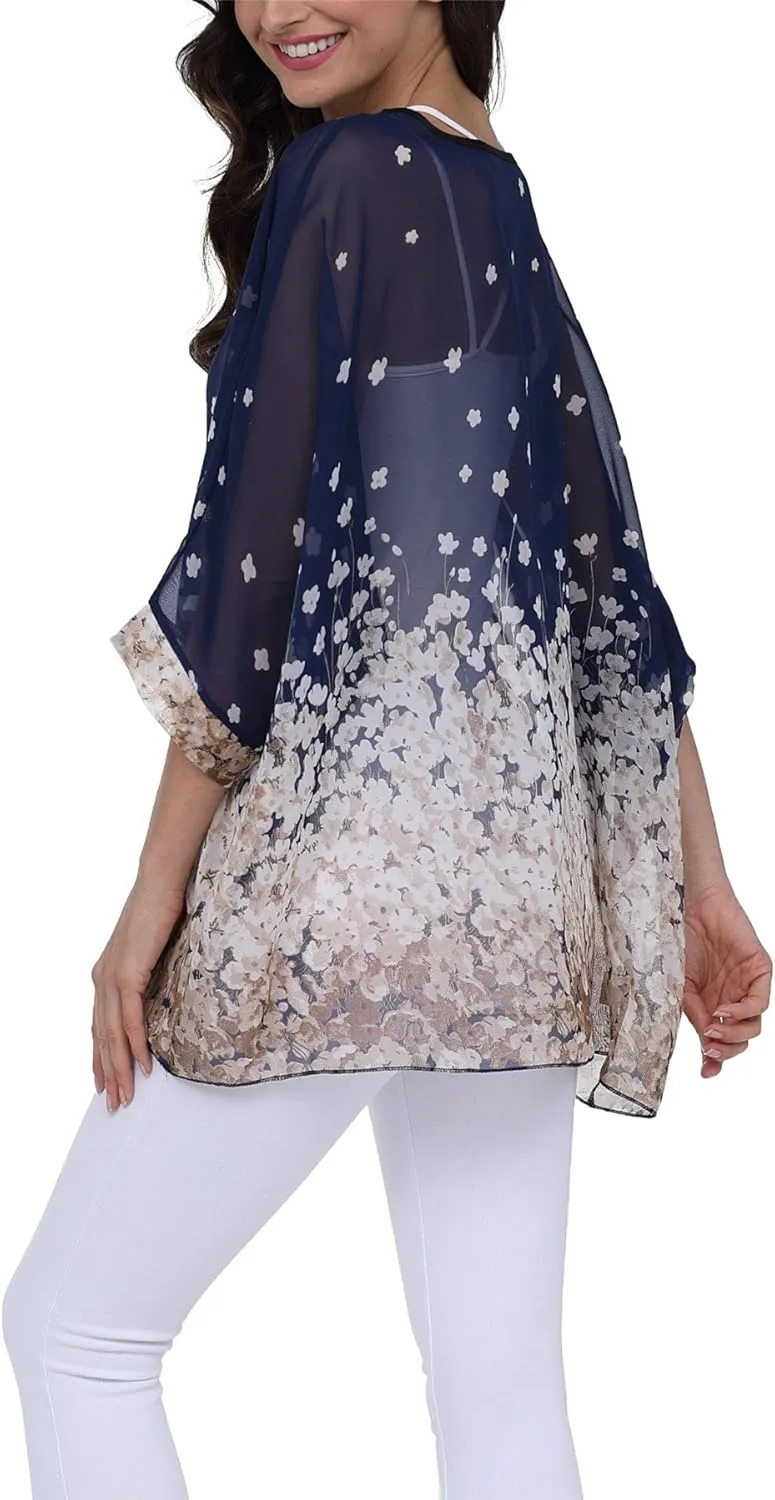 Plus Size Floral Chiffon Batwing Sleeve Tunic Blouse Boho Off-Shoulder Beach Cover Up Loose Summer Tops for Women