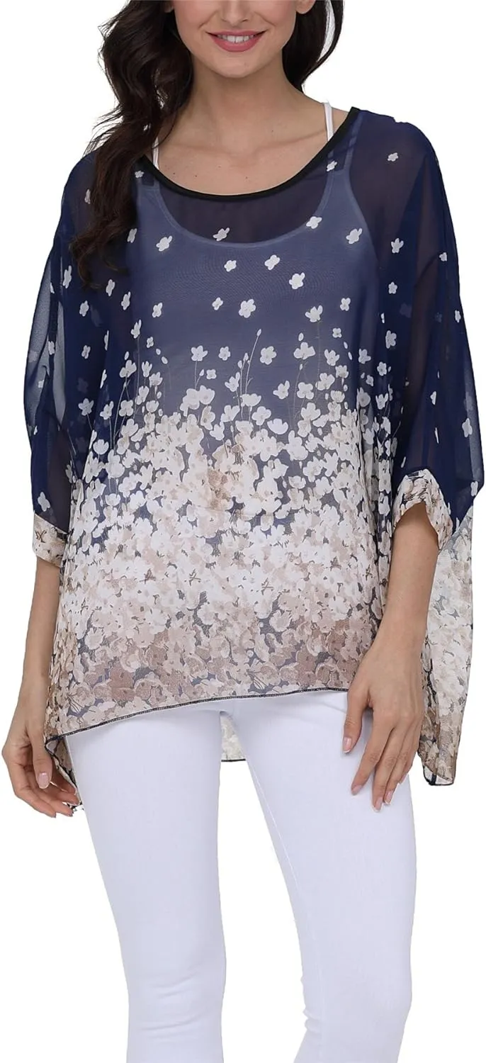 Plus Size Floral Chiffon Batwing Sleeve Tunic Blouse Boho Off-Shoulder Beach Cover Up Loose Summer Tops for Women