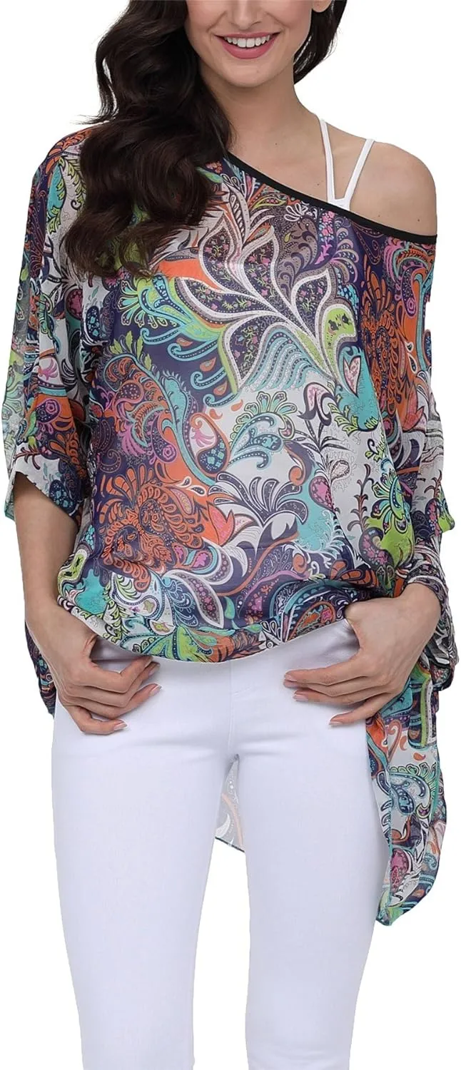 Plus Size Floral Chiffon Batwing Sleeve Tunic Blouse Boho Off-Shoulder Beach Cover Up Loose Summer Tops for Women
