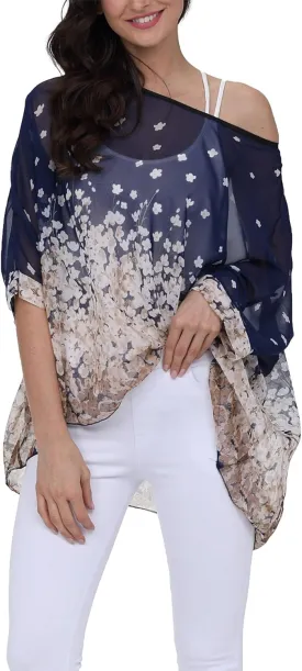 Plus Size Floral Chiffon Batwing Sleeve Tunic Blouse Boho Off-Shoulder Beach Cover Up Loose Summer Tops for Women