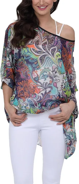 Plus Size Floral Chiffon Batwing Sleeve Tunic Blouse Boho Off-Shoulder Beach Cover Up Loose Summer Tops for Women
