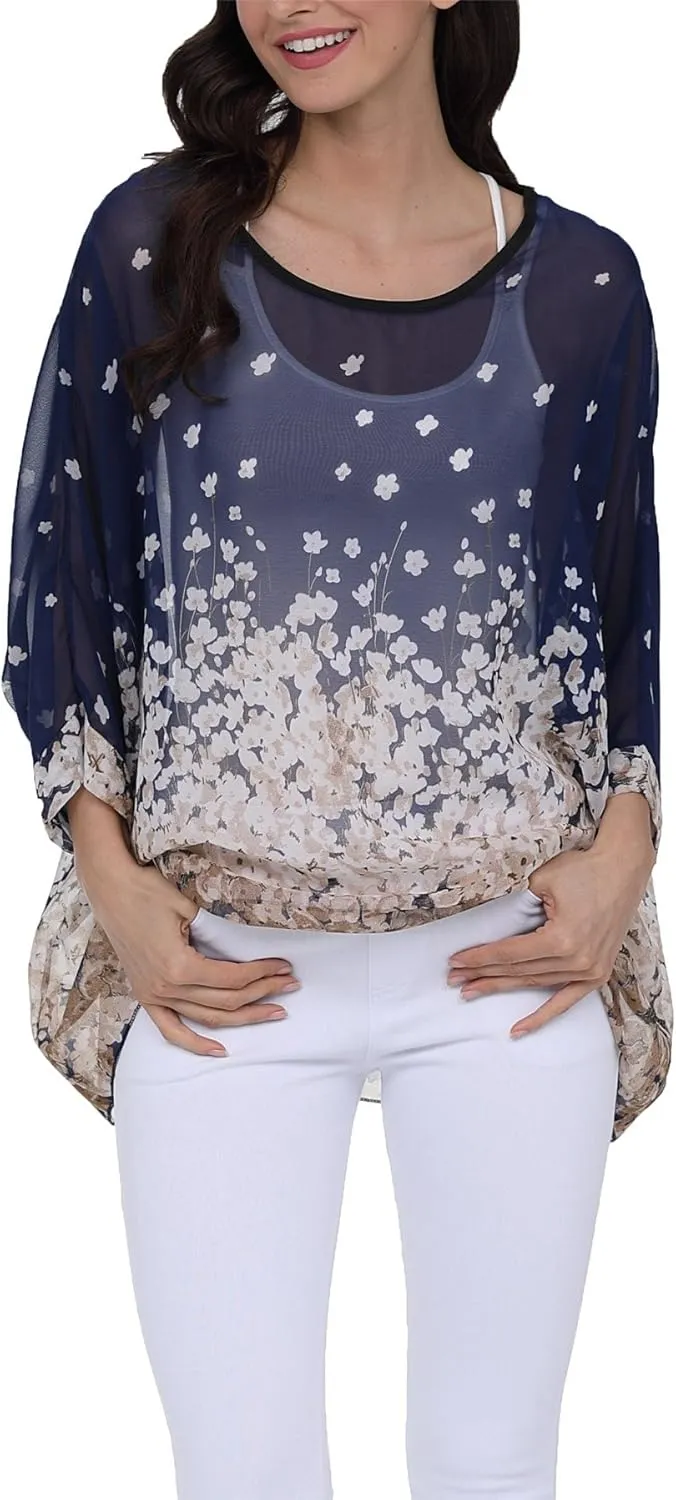 Plus Size Floral Chiffon Batwing Sleeve Tunic Blouse Boho Off-Shoulder Beach Cover Up Loose Summer Tops for Women