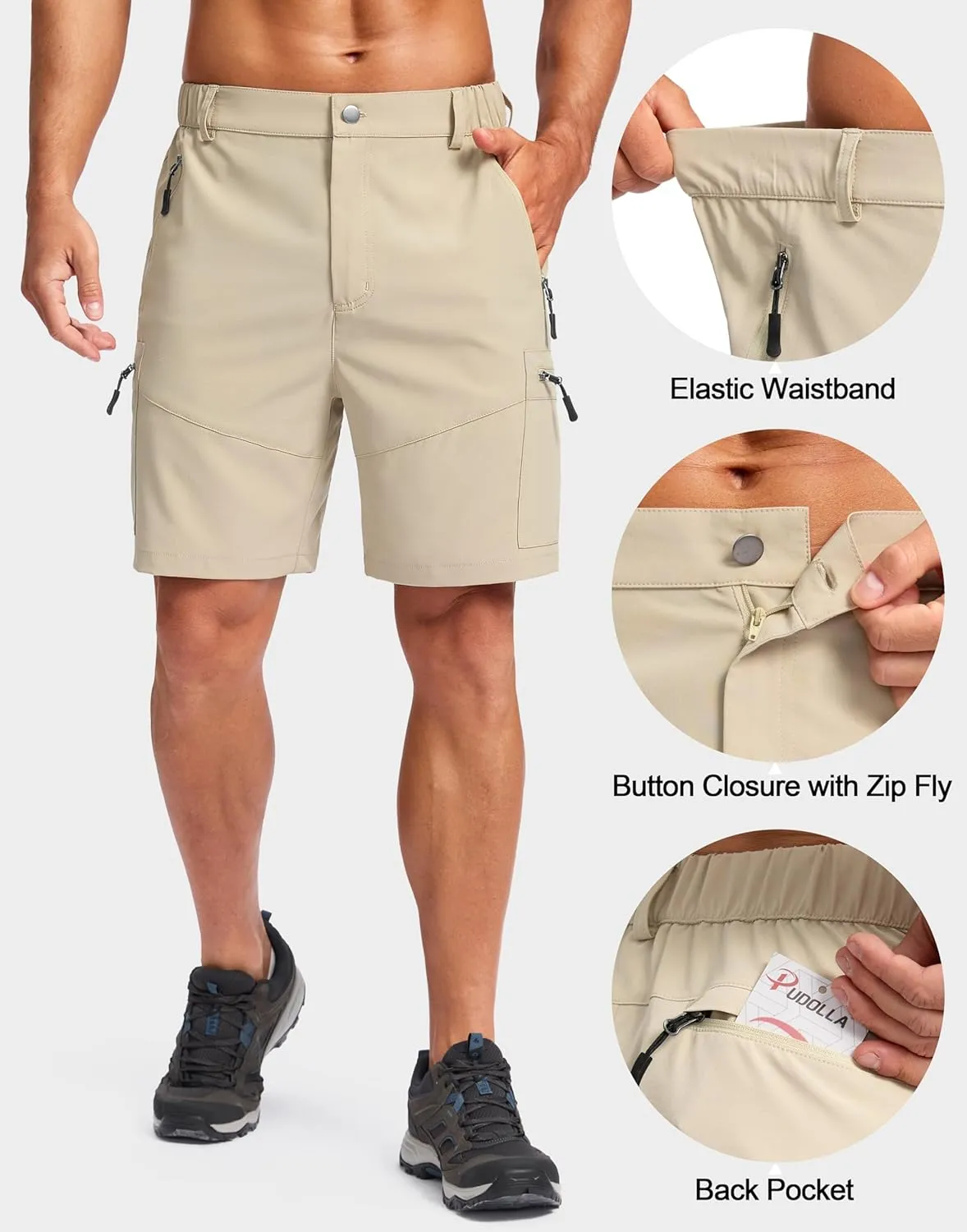 Pudolla Men's Hiking Cargo Shorts Lightweight 7" Travel Casual Shorts for Men Golf Work Outdoor with 5 Zipper Pockets