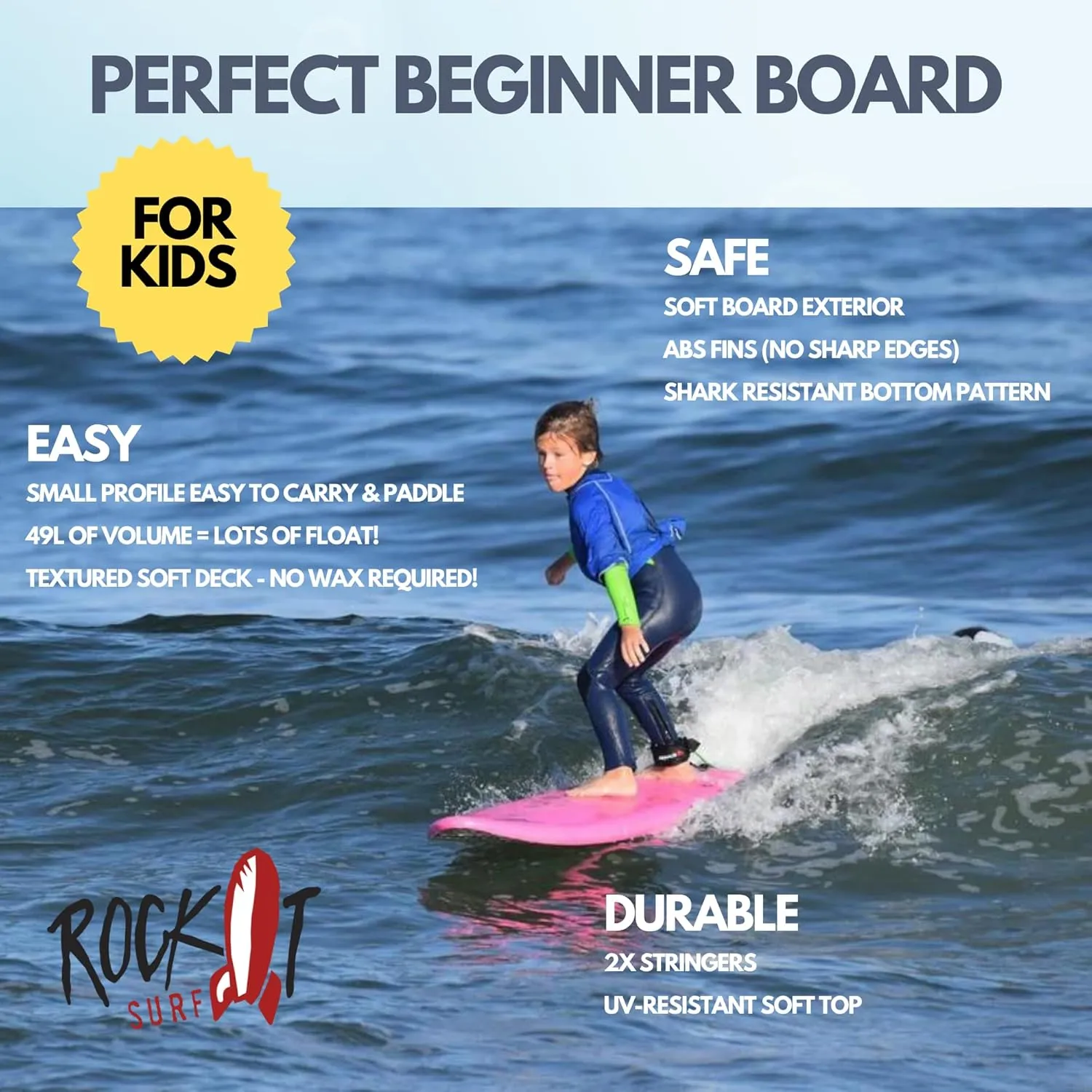 Rock-It 6' Baby Jess Surfboard Soft Top Surfboard, Kids Surfboard with Innovative Design Easy to Paddle and Maneuverable, Small Surfboard, Surfboards for Kids