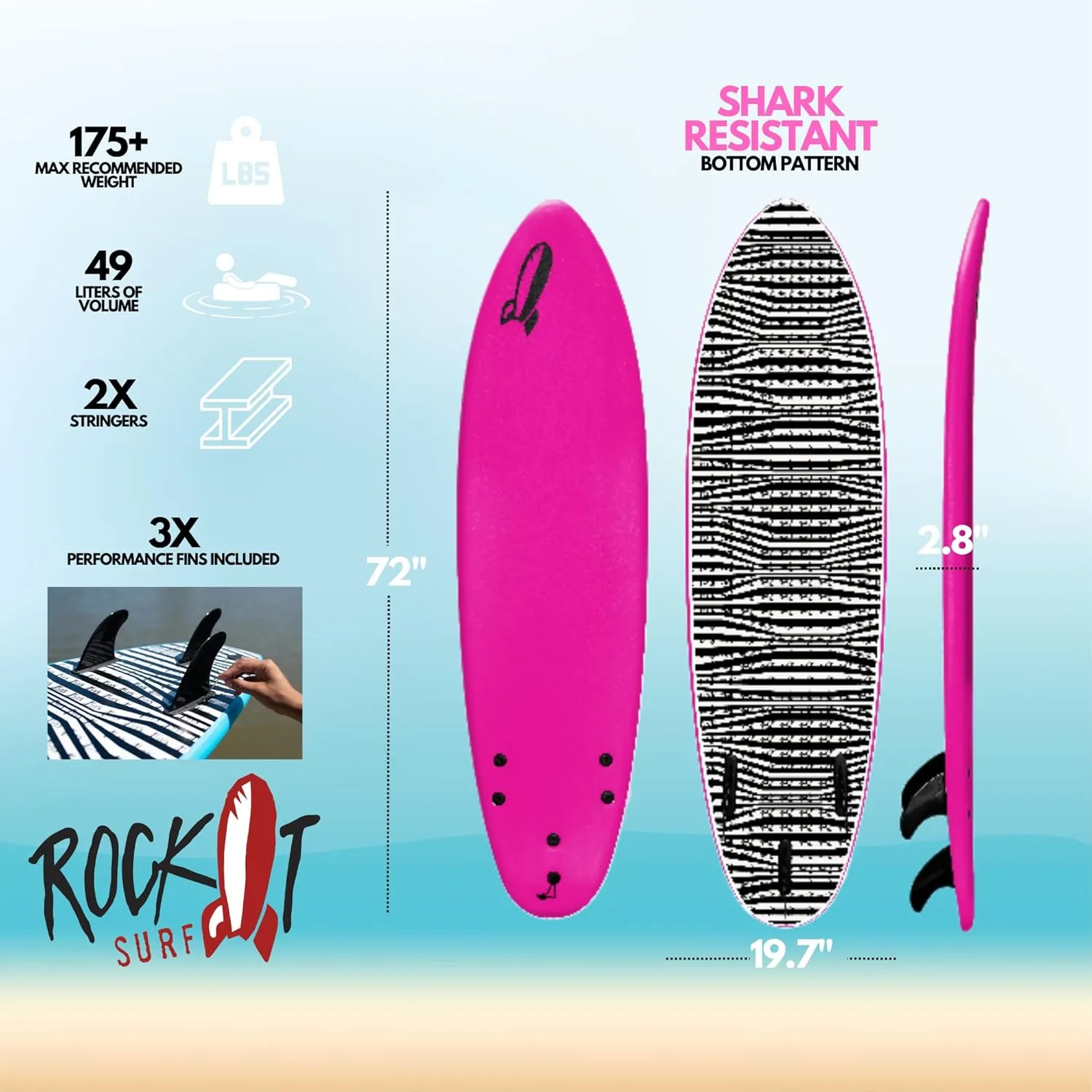 Rock-It 6' Baby Jess Surfboard Soft Top Surfboard, Kids Surfboard with Innovative Design Easy to Paddle and Maneuverable, Small Surfboard, Surfboards for Kids