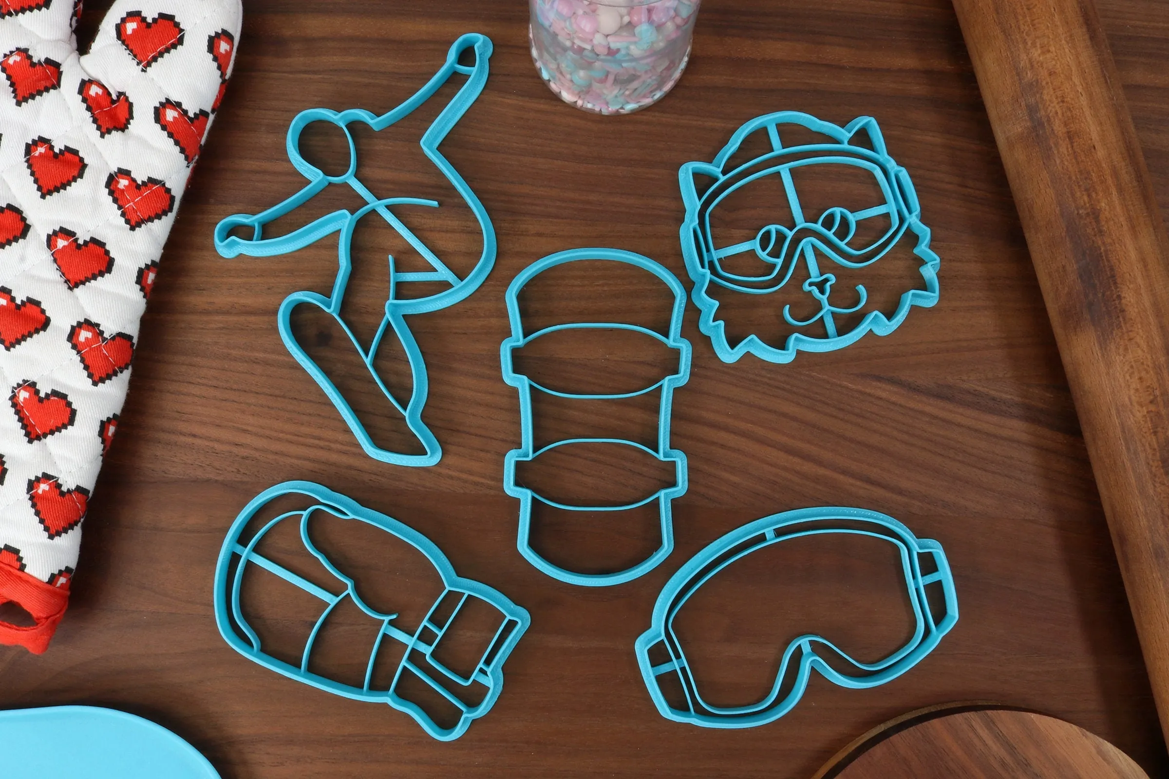 Skillful Snowboarding Cookie Cutters - Snowboard, Snowboarder Cat, Snowboarder Outline, Snowboarding Goggles, Snowboarding Mitten