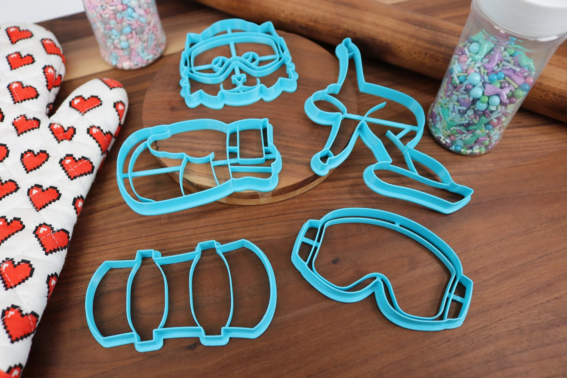 Skillful Snowboarding Cookie Cutters - Snowboard, Snowboarder Cat, Snowboarder Outline, Snowboarding Goggles, Snowboarding Mitten