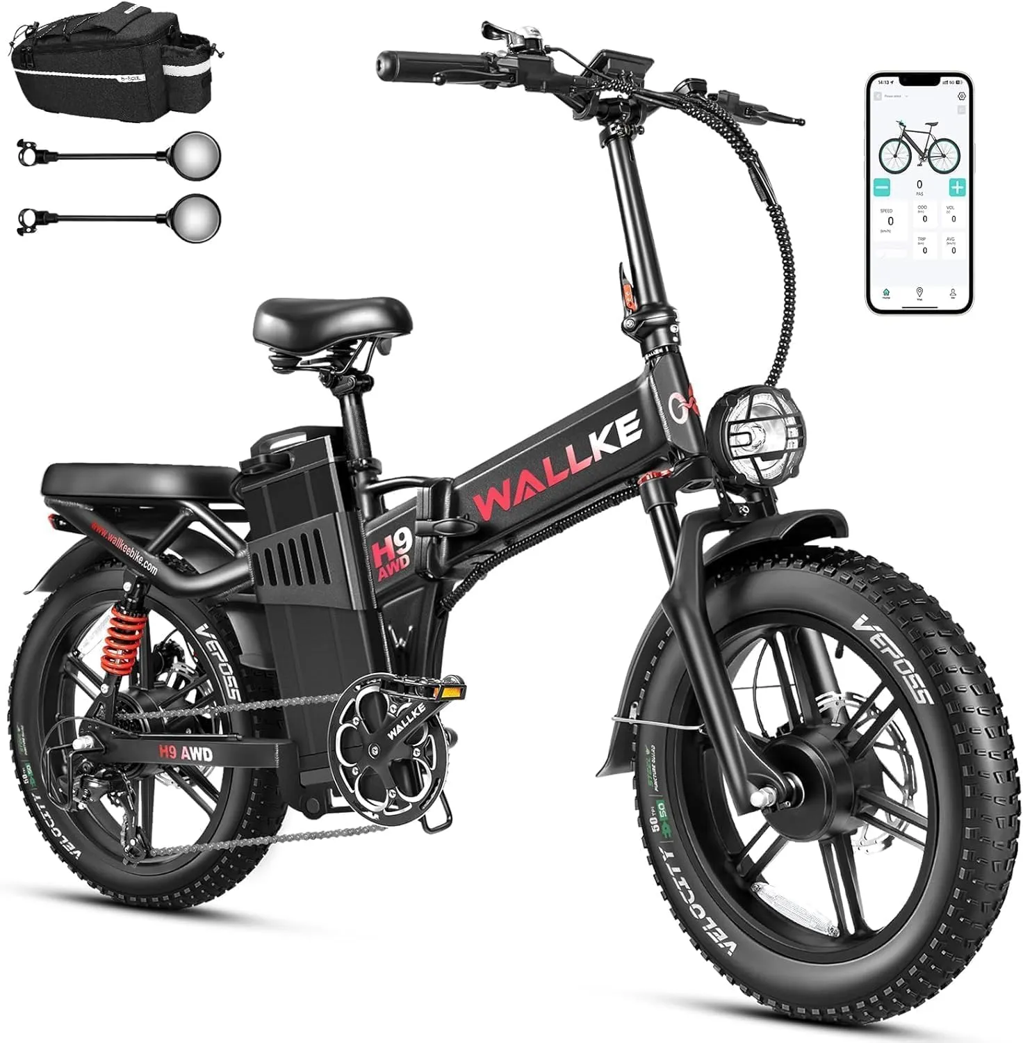 W Wallke H9 AWD 3200W Dual Motor Electric Bike for Adult, 48V 82Ah/60Ah/40Ah Sam-Sung Cell Battery, 240-130 Mile, 34MPH Fast Ebike, App Control, 20" Fat Tire Hydraulic Brake Folding Ebike, UL2849