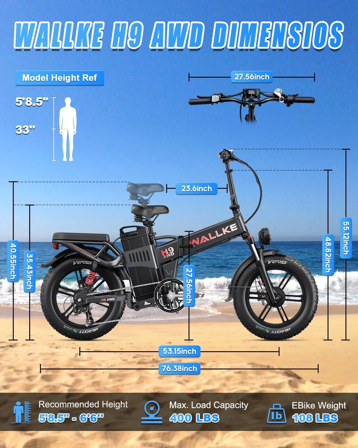 W Wallke H9 AWD 3200W Dual Motor Electric Bike for Adult, 48V 82Ah/60Ah/40Ah Sam-Sung Cell Battery, 240-130 Mile, 34MPH Fast Ebike, App Control, 20" Fat Tire Hydraulic Brake Folding Ebike, UL2849