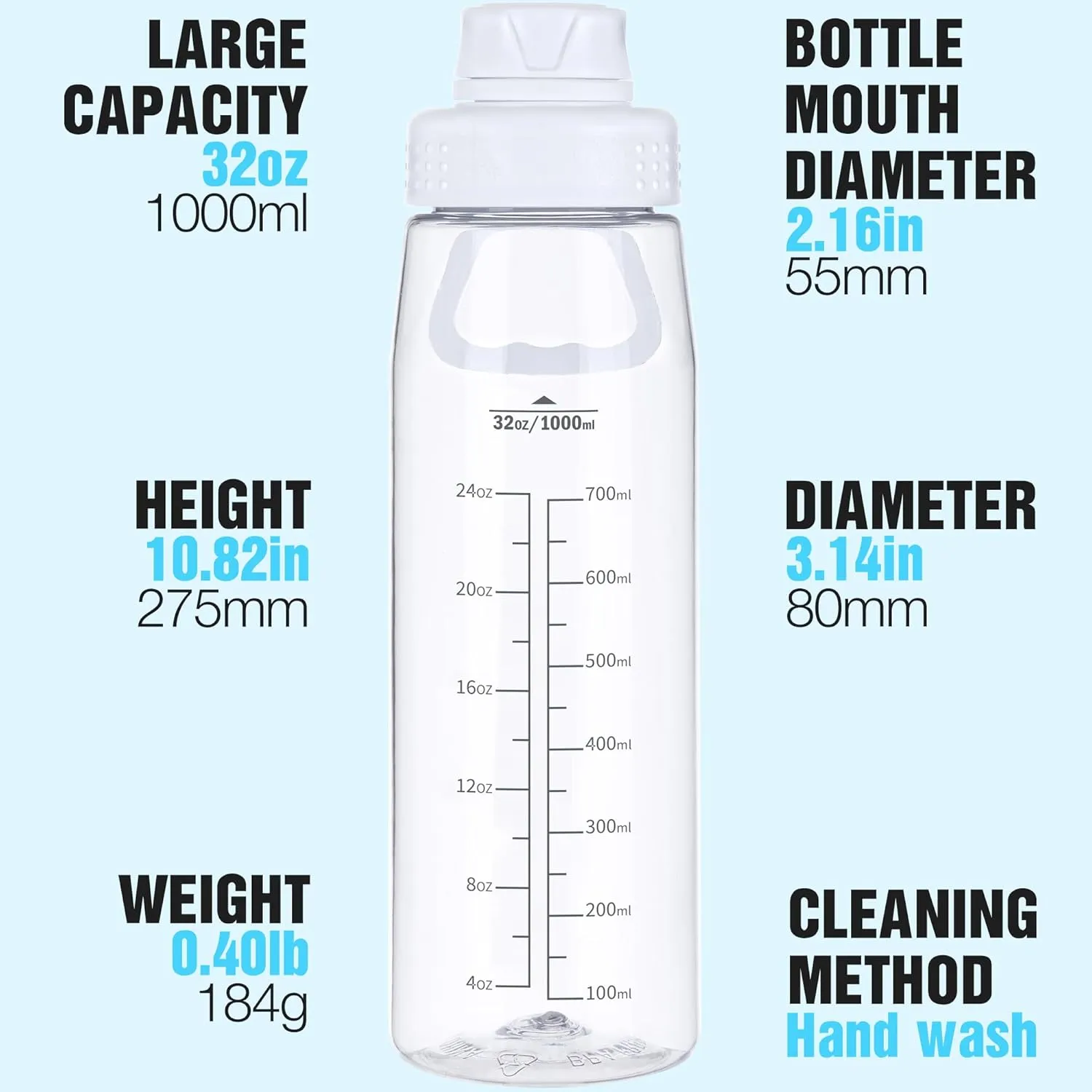 Water Bottle 32oz, clear water bottle with Chug Lid and Carry Handle, Reusable, Tritan, BPA Free, Hiking Water Bottle Suitable for Travel, Outdoors, Gym, Travel, Home, School (Clear)