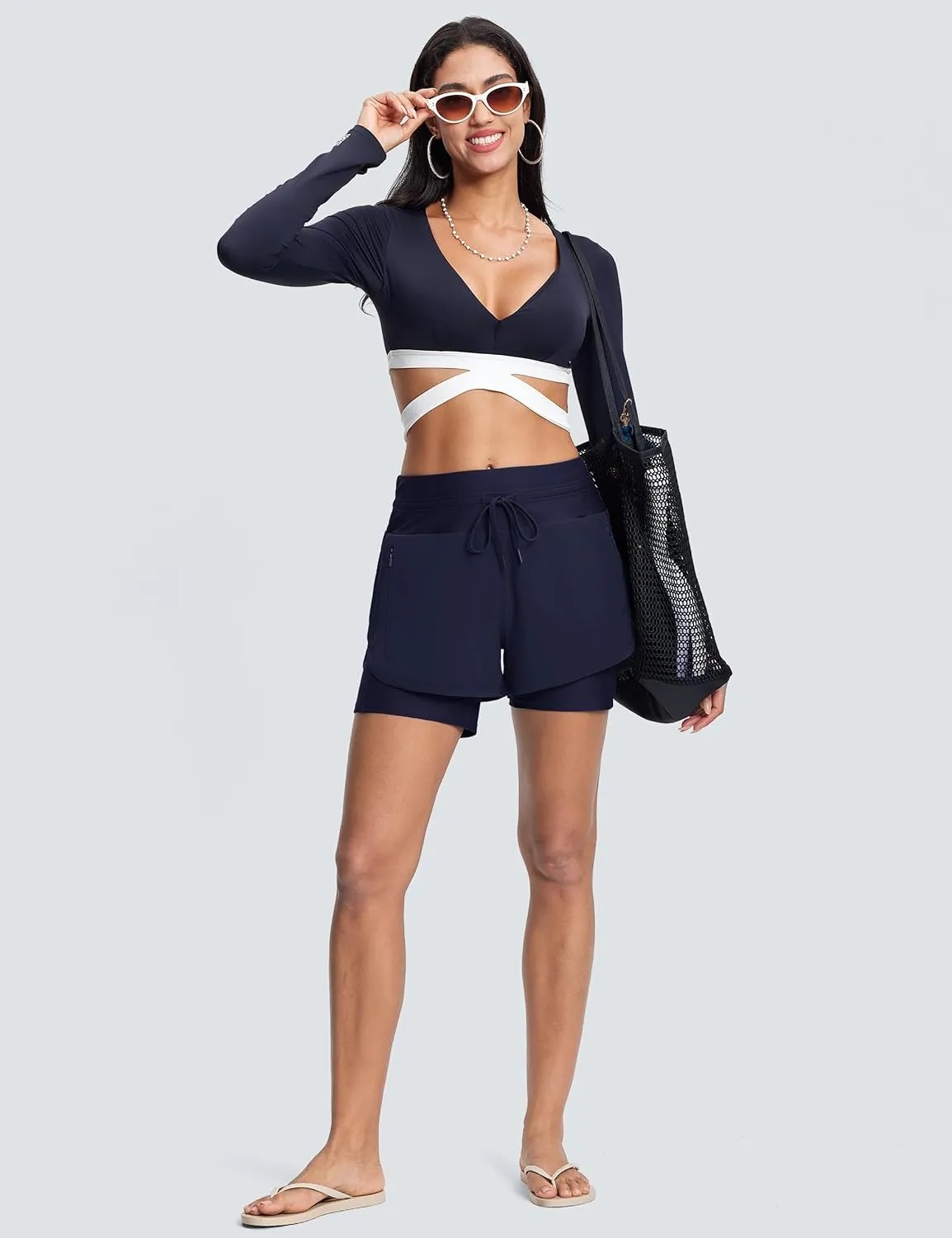 Womens 3" Swim Board Shorts High Waisted Slimming Quick Dry UPF Swim Beach Trunks with Liner and Zipper Pockets