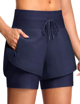 Womens 3" Swim Board Shorts High Waisted Slimming Quick Dry UPF Swim Beach Trunks with Liner and Zipper Pockets