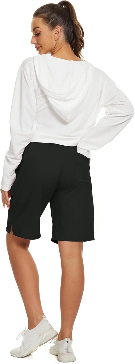 Womens Bermuda Shorts Knee Length Elastic Waist Drawstring Workout Basketball Athletic Long Shorts with 3 Pockets