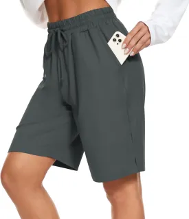 Womens Bermuda Shorts Knee Length Elastic Waist Drawstring Workout Basketball Athletic Long Shorts with 3 Pockets