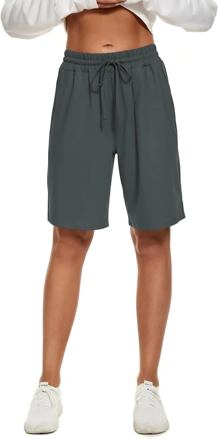 Womens Bermuda Shorts Knee Length Elastic Waist Drawstring Workout Basketball Athletic Long Shorts with 3 Pockets