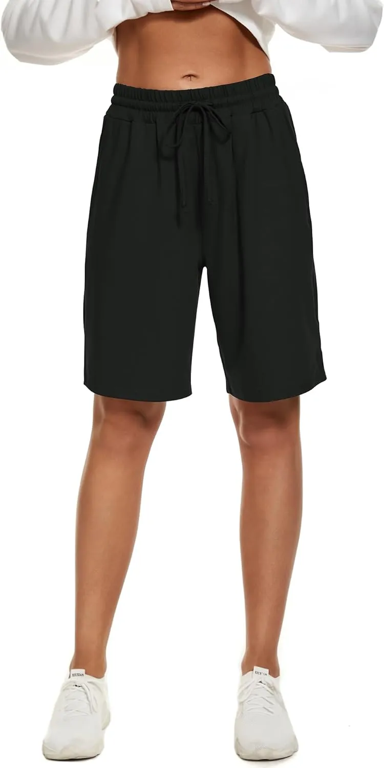 Womens Bermuda Shorts Knee Length Elastic Waist Drawstring Workout Basketball Athletic Long Shorts with 3 Pockets
