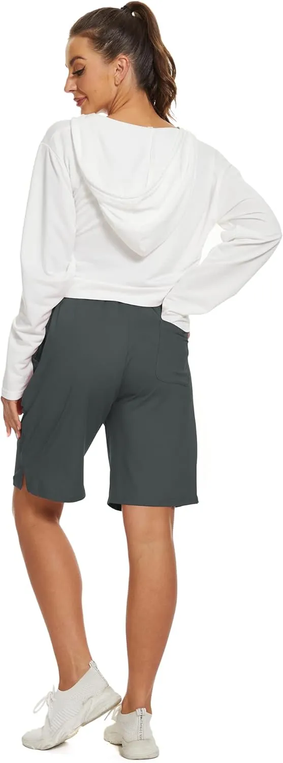 Womens Bermuda Shorts Knee Length Elastic Waist Drawstring Workout Basketball Athletic Long Shorts with 3 Pockets