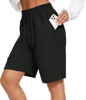 Womens Bermuda Shorts Knee Length Elastic Waist Drawstring Workout Basketball Athletic Long Shorts with 3 Pockets