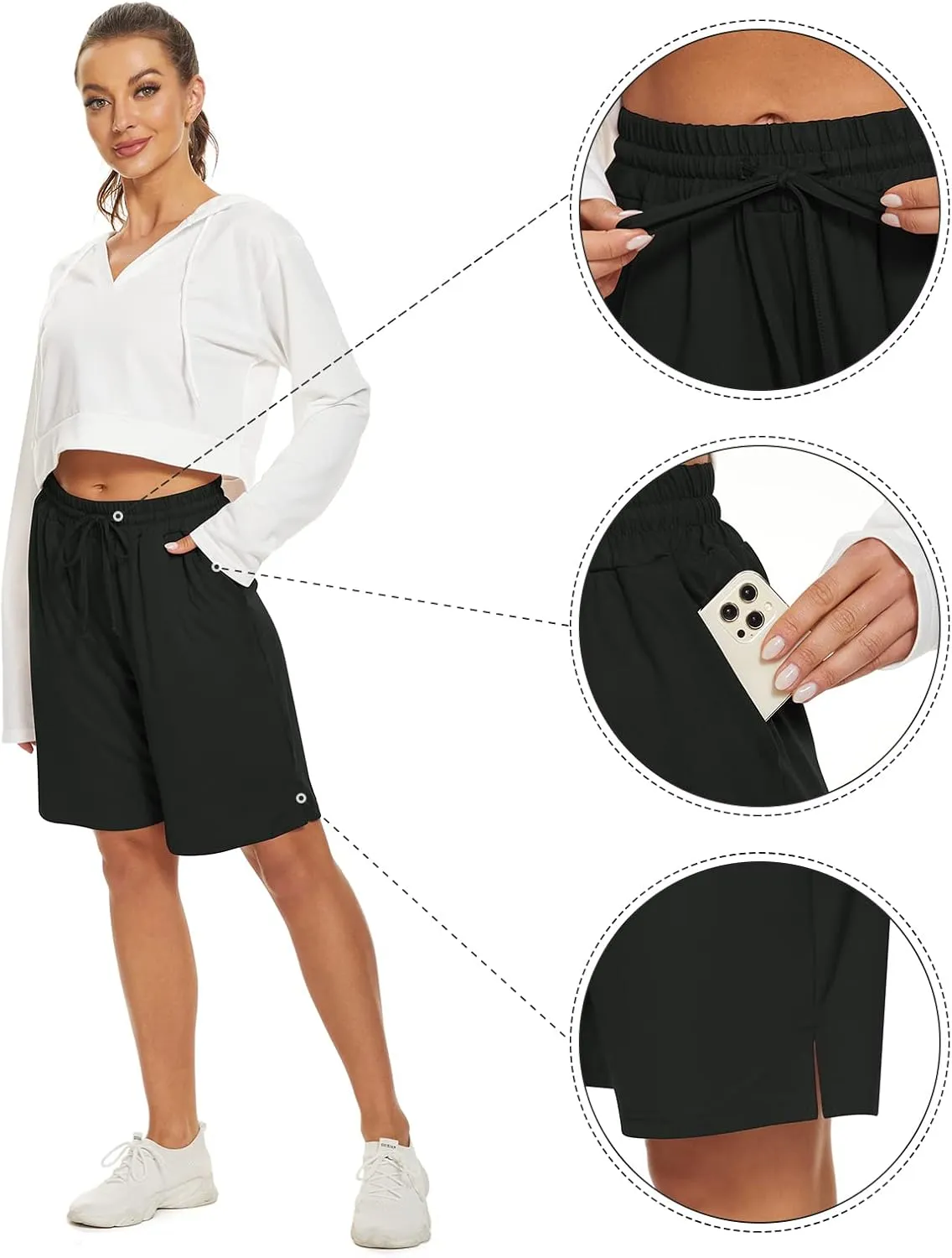 Womens Bermuda Shorts Knee Length Elastic Waist Drawstring Workout Basketball Athletic Long Shorts with 3 Pockets