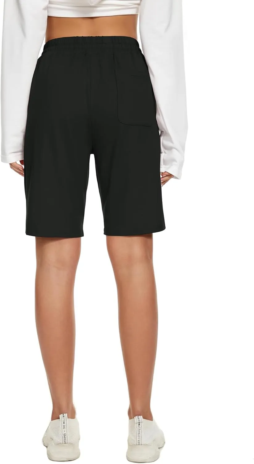 Womens Bermuda Shorts Knee Length Elastic Waist Drawstring Workout Basketball Athletic Long Shorts with 3 Pockets