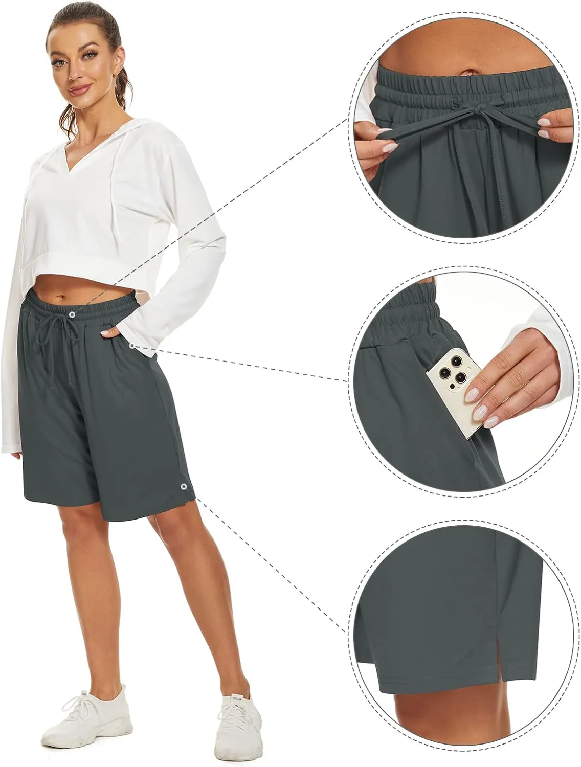 Womens Bermuda Shorts Knee Length Elastic Waist Drawstring Workout Basketball Athletic Long Shorts with 3 Pockets