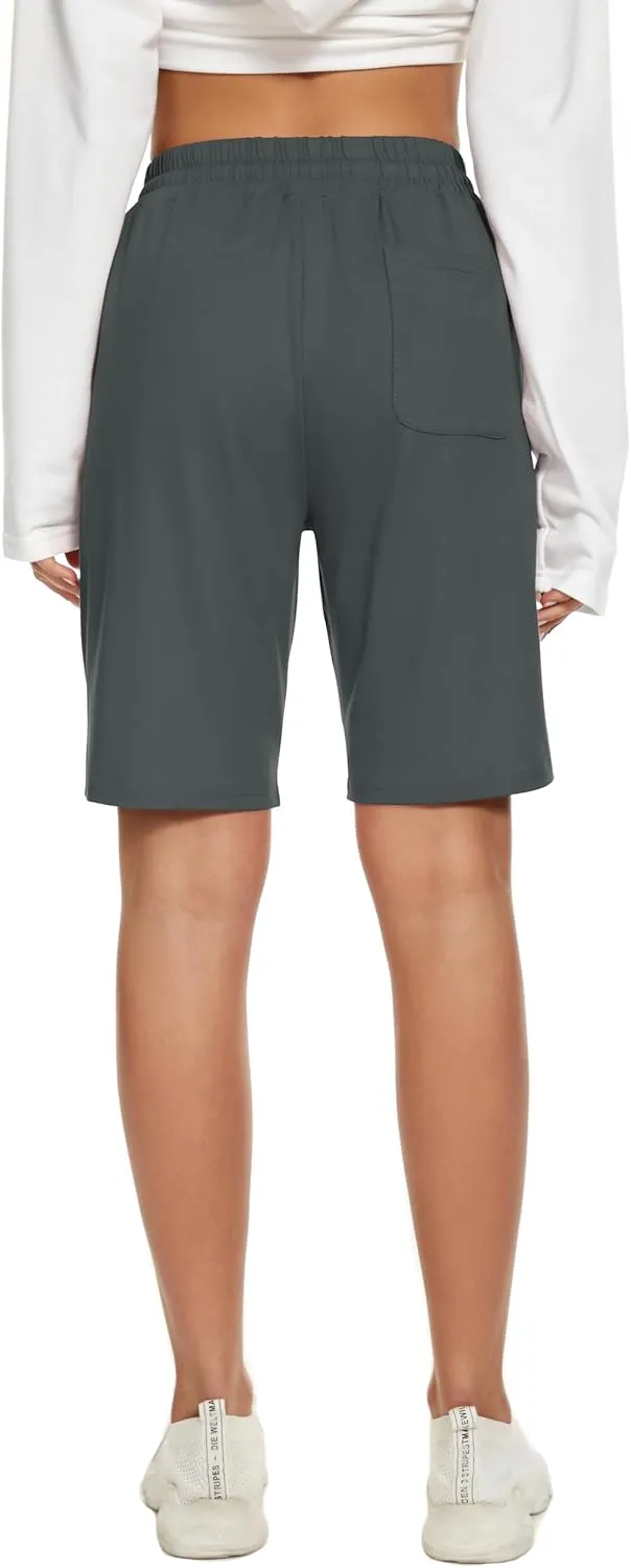 Womens Bermuda Shorts Knee Length Elastic Waist Drawstring Workout Basketball Athletic Long Shorts with 3 Pockets